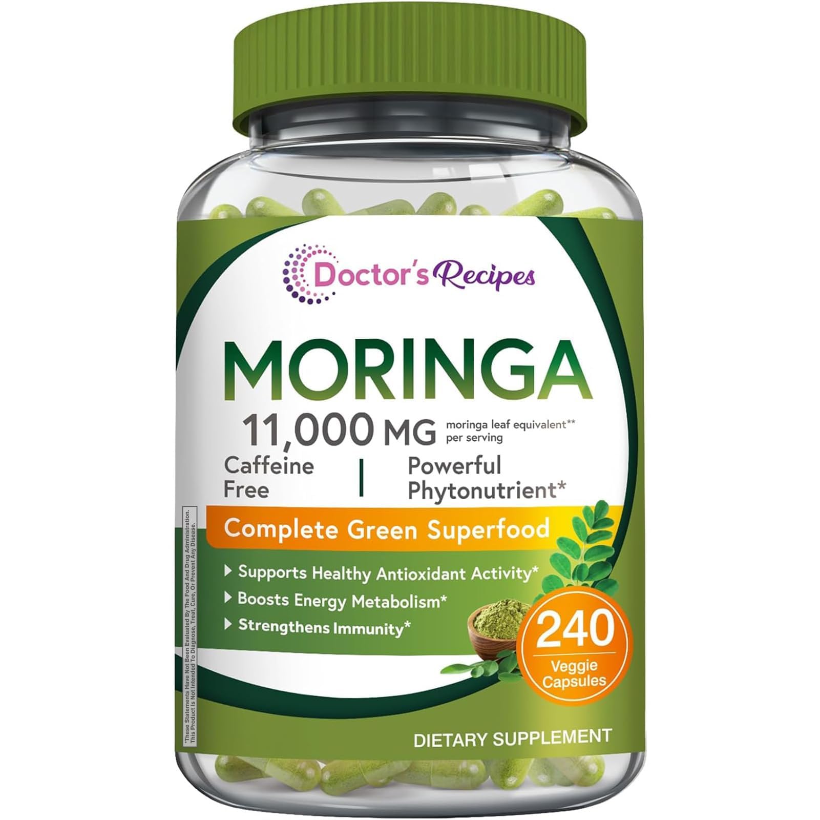Doctor's Recipes Moringa, Complete Green Superfood, Natural Antioxidant Support, Non-GMO, 240 Vegan Caps, No Caffeine Soy Gluten