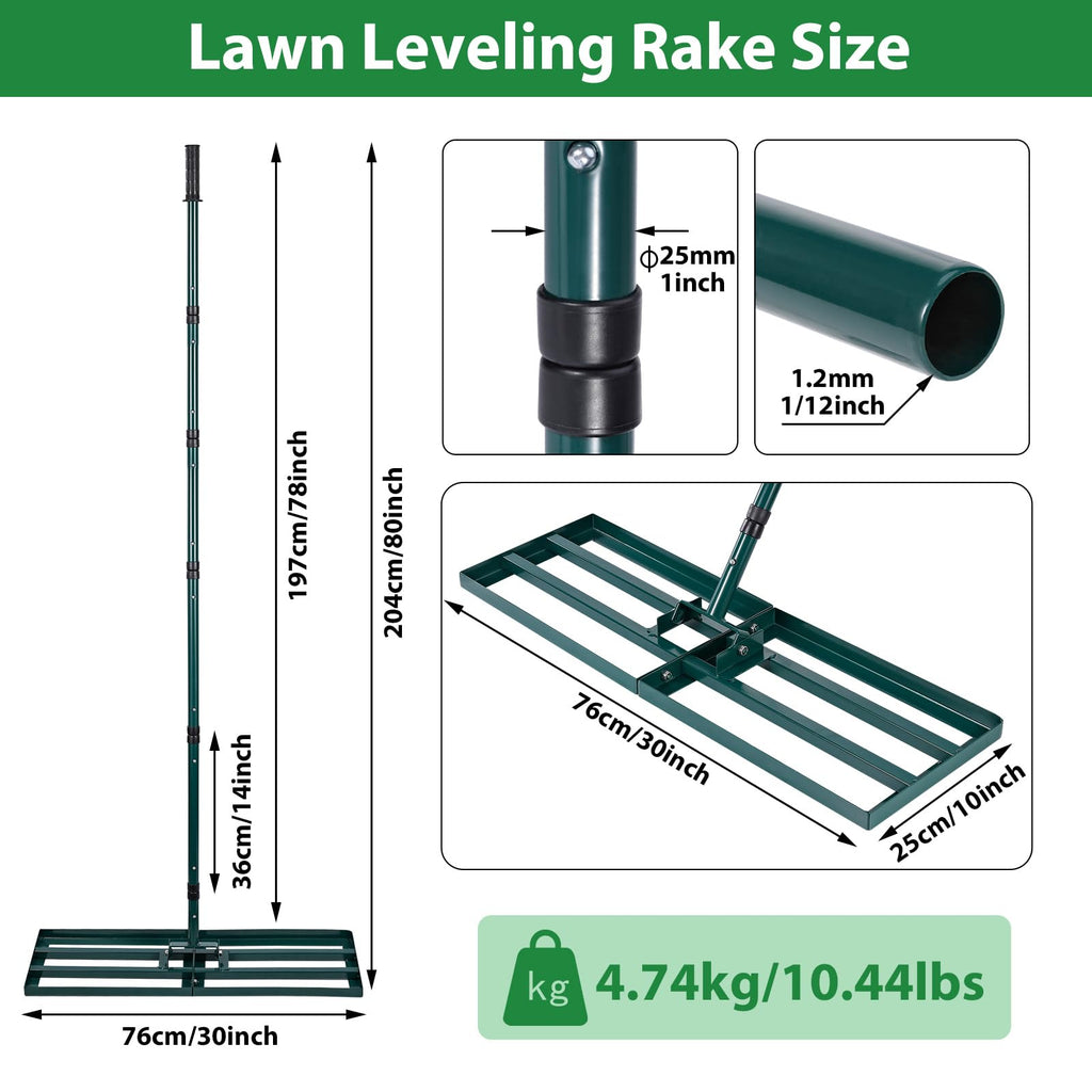 Lawn Leveling Rake,Stainless Steel Lawn Leveler with 30”x10” Ground Plate, 78” Adjustable Long Handle, Level Yard Tool for Grass, Golf Field, Level Soil or Dirt Ground Surfaces-Green