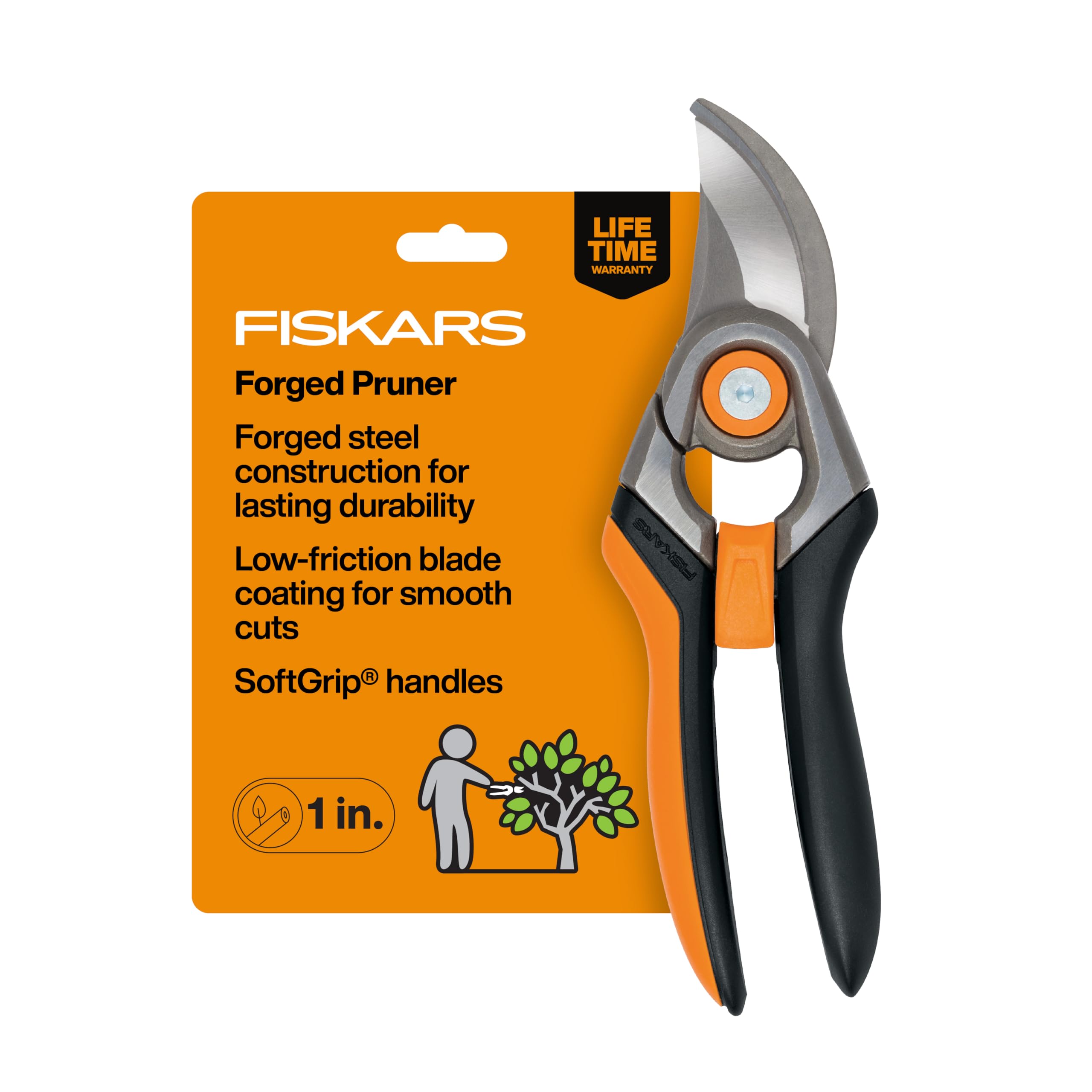 Fiskars Bypass Pruning Shears, 1" Cut Capacity Gardening Scissors, Forged Steel Replaceable Blade, SoftGrip Handle Garden Clippers, Rust Resistant Low Friction Coating for Branches & Stems