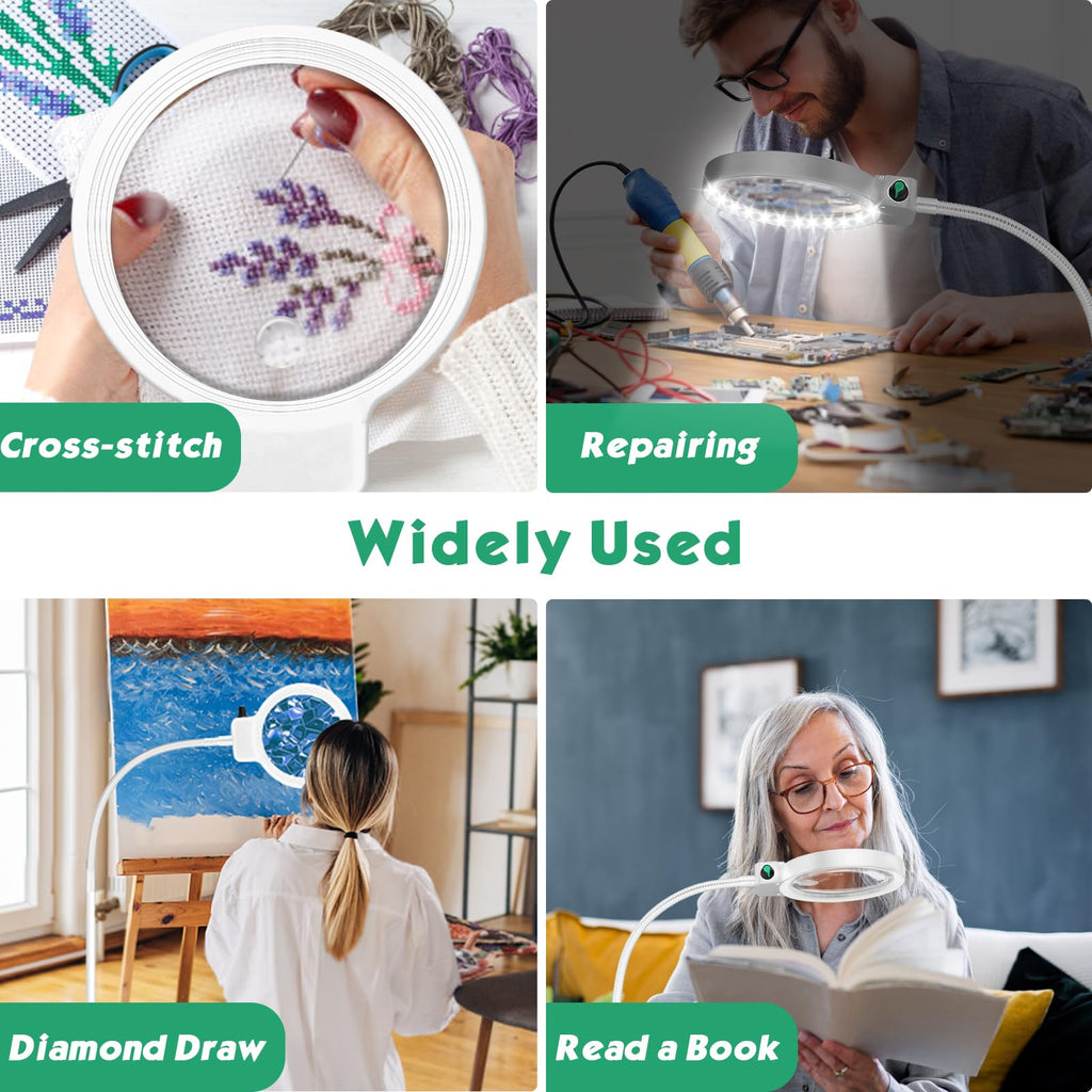 10X 20X Floor Magnifying Glass with Light and Stand,36 LED Flexible Gooseneck Floor Magnifying Lamp, Adjustable Brightness Large Lighted Magnifiers for Reading,Sewing,Crafts,Painting,DIY,White
