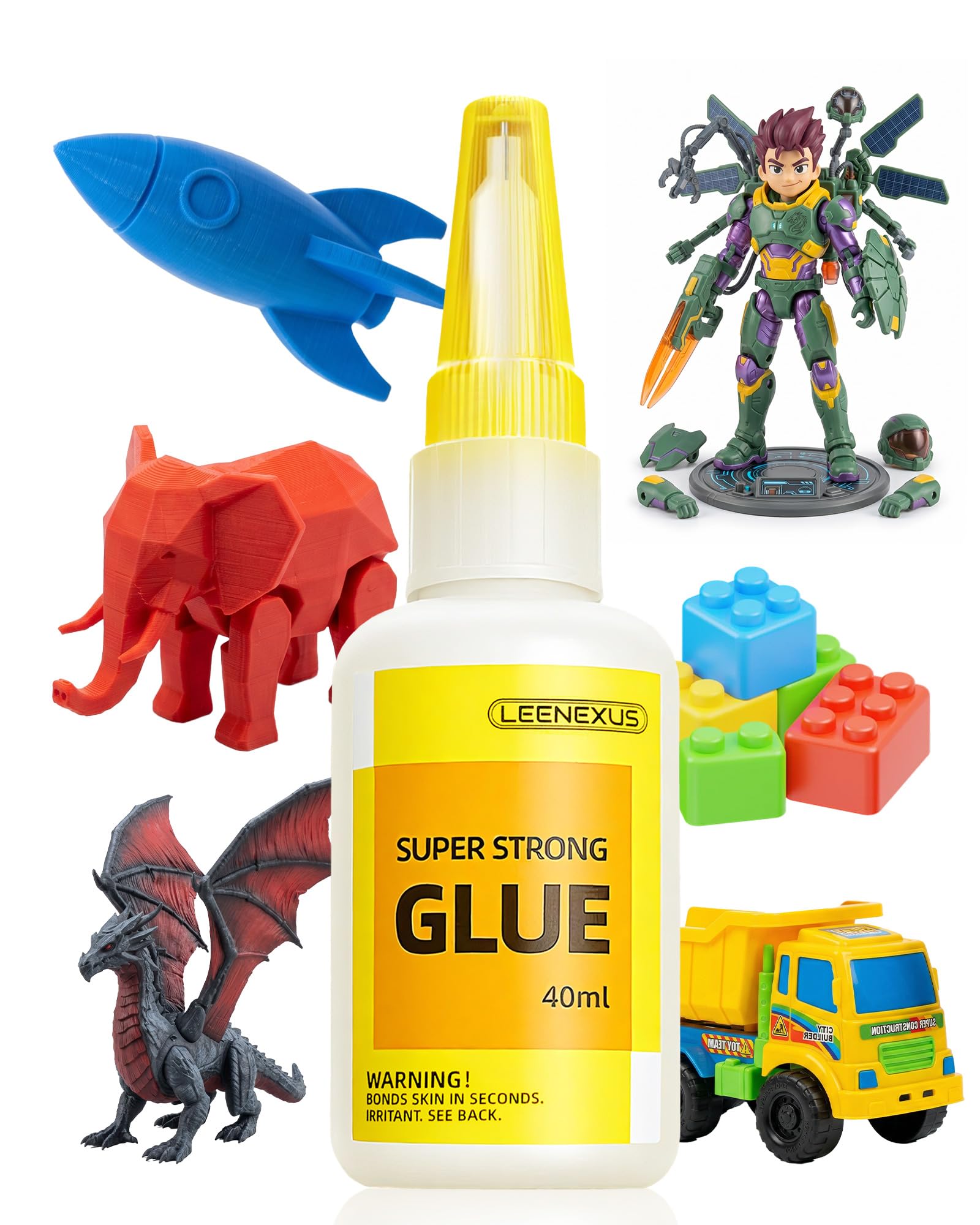 LEENEXUS Super Glue for Plastic, PLA, ABS, PETG, PC, ASA, Acrylic, PVC, Dries Clear Liquid CA Adhesive for 3D Prints, Model Kits, RC Parts & Repairs, 40ml
