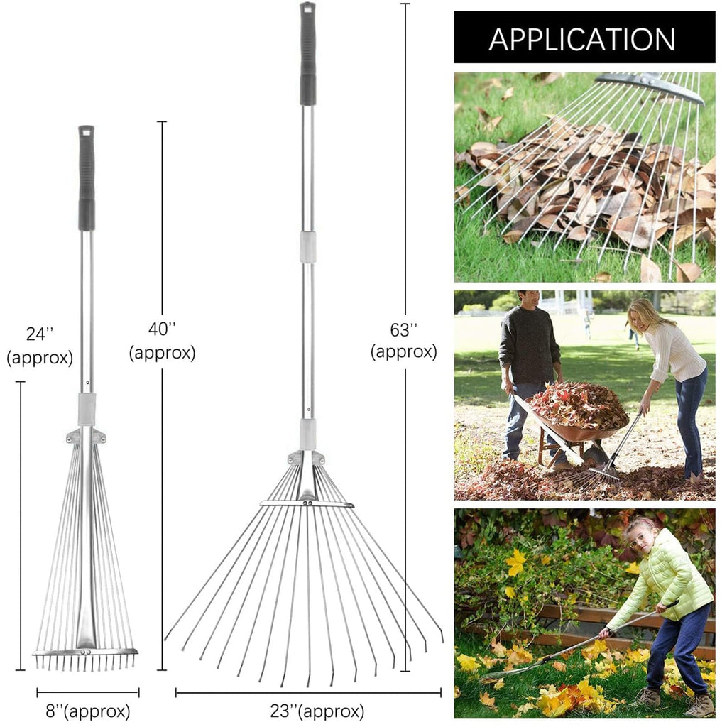 Buyplus Adjustable Garden Leaf Rake - 24 to 63 Inch Telescopic Metal Expandable Folding Leaves Rake, Metal Rakes for Leaves, Yard Rakes for Lawn Yard, Flowers Beds, Sliver