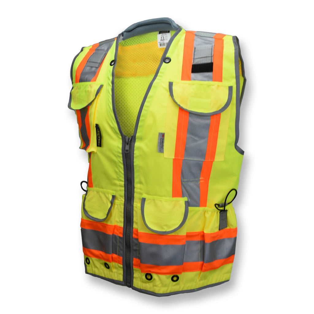 Radians SV55 Class 2 Heavy Woven Two Tone Engineer Vest With Padded Neck To Support Extra Weight In Cargo Pockets, Green, Medium