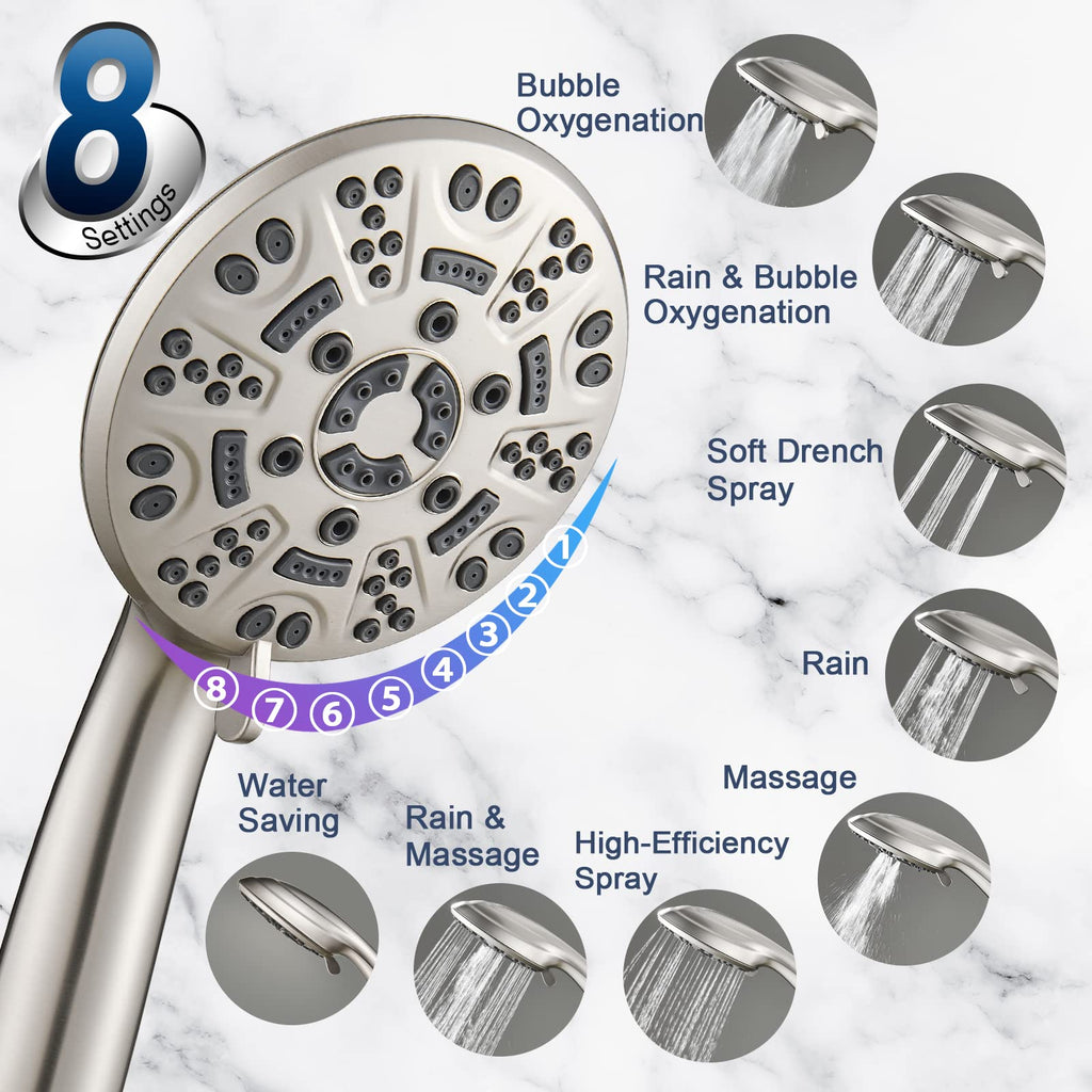Cobbe 8-Setting Handheld Shower Head Bathroom Showerhead Set - Detachable Shower Heads with 5ft Stainless Steel Hose and Brass Swivel Bracket (Brushed Nickel)