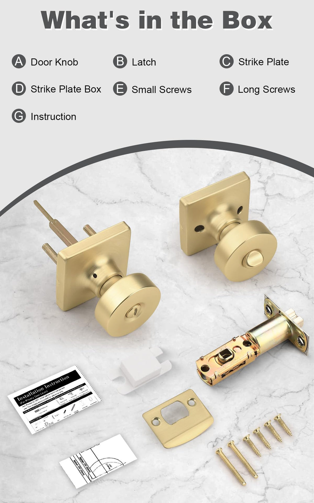 Probrico Privacy Door Handles Interior 5 Pack, Modern Keyless Bedroom/Bathroom Door Knob Inside, Square Base Doorknobs with Brushed Gold Finish