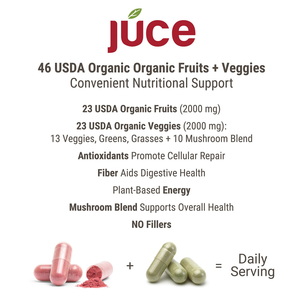Juce Original Formula - Organic Super Fruit & Veggies Supplement - Gluten/Gelatin Free, Soy Free & Vegan- Reds & Greens Superfood Capsules- 23 Fruits & 23 Vegetables (180 Count)- By Terra Kai Organics