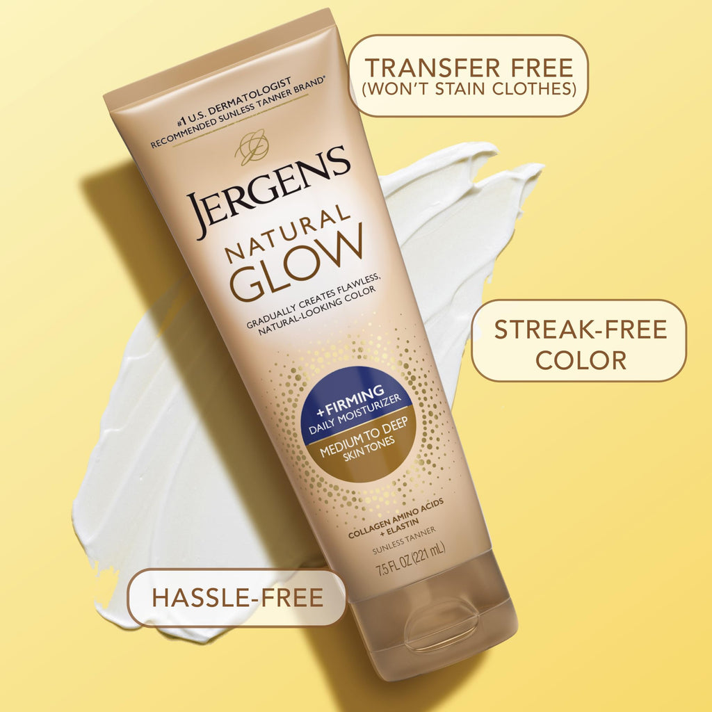 Jergens Natural Glow +Firming Self Tanner Body Lotion, Medium to Deep Skin Tone, Sunless Tanning Moisturizer with Collagen and Elastin, Helps to Visibly Reduce Cellulite, 7.5 Oz, Pack of 2