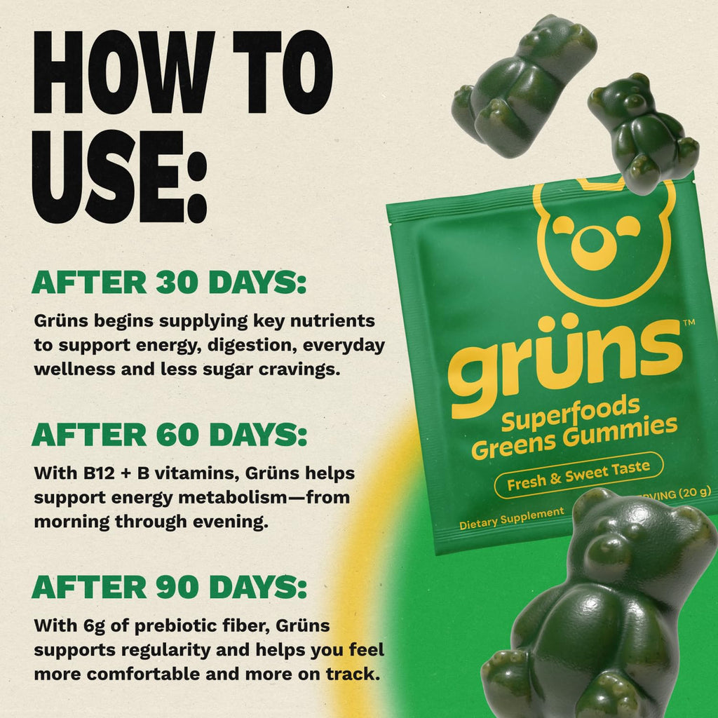 Gruns Sugar-Free Super Greens Gummies, Multivitamin Superfood Gummy Bears, Spirulina, Chlorella, Prebiotics & Fiber gummies for Digestive Health, Adaptogens Supplement, 20 Vitamins & Minerals, 10 pack
