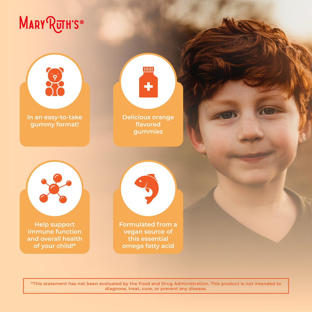 MaryRuth Organics Vegan Omega 3 Gummies for Kids 2+, 2 Month Supply, Sugar Free, Omega 3 Supplement with Vitamin C, Flaxseed Oil, Immune Support, Essential Nutrient ALA, No Fish Taste, 60 Count