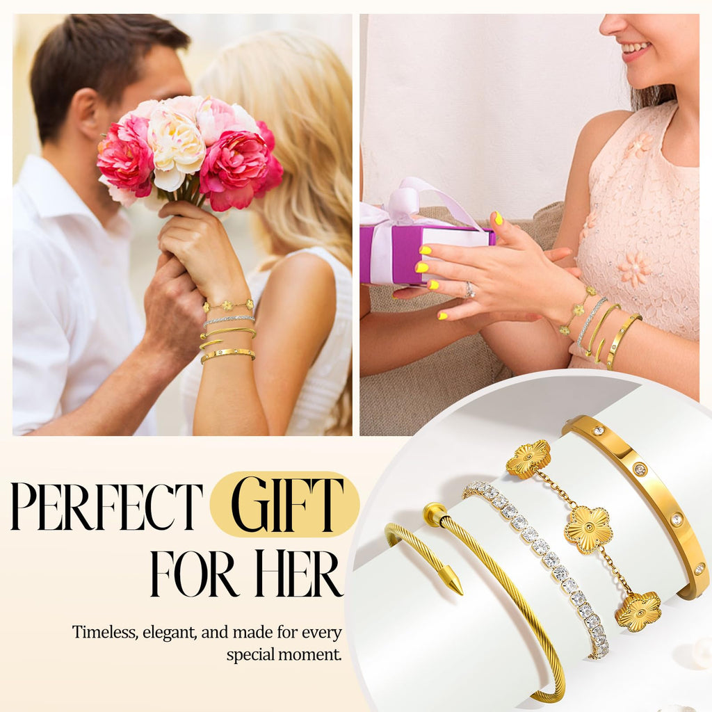 MOINSPIRE 18K Gold Plated Bracelets for Women, Stainless Steel Four Leaf Clover Tennis Nail Love Bangle Bracelets Set, Trendy Stackable Twist Cuff Bracelet Non Tarnish Jewelry Gifts Choice