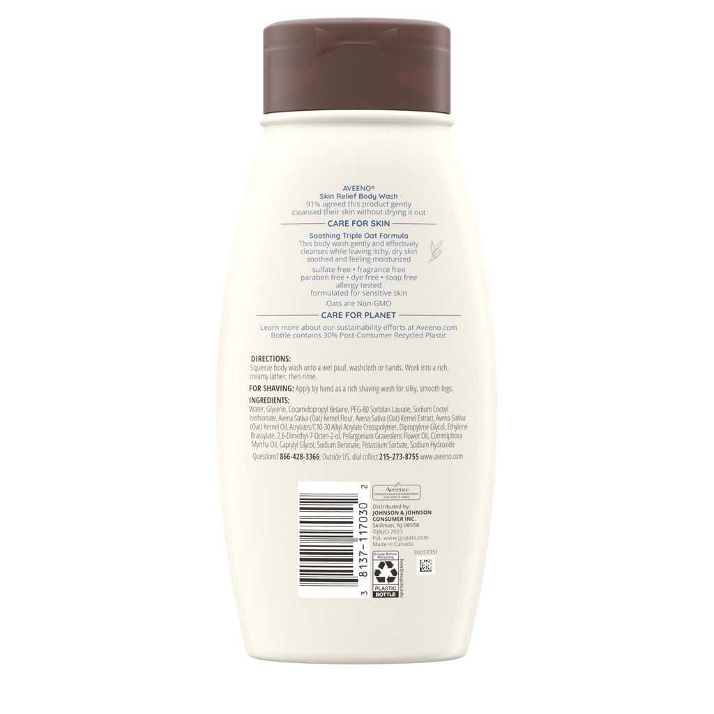 Aveeno Skin Relief Fragrance-Free Body Wash with Triple Oat Formula, Gentle Daily Cleanser for Sensitive Skin Leaves Dry Skin Feeling Moisturized, Sulfate-Free, 18 fl. oz, 2 Pack