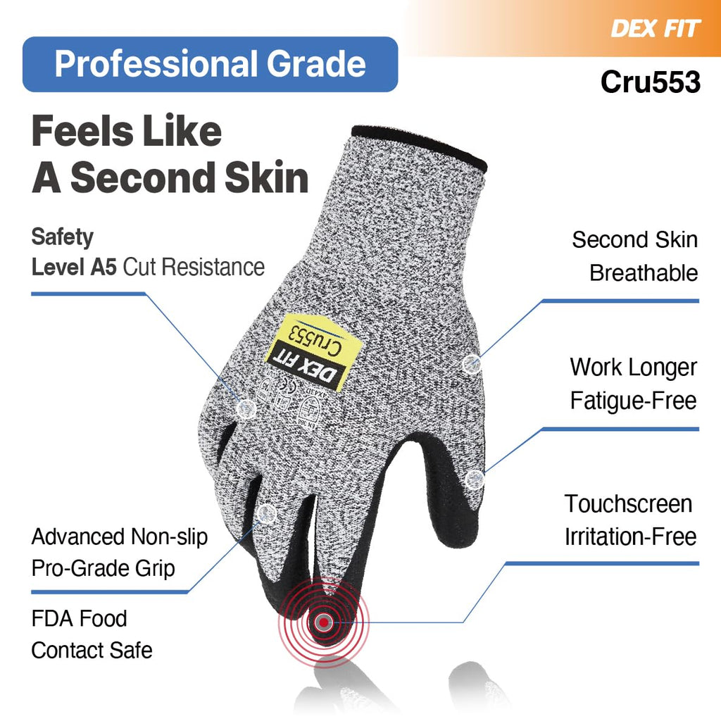 DEX FIT Level 5 Cut Resistant Gloves Cru553, 3D-Comfort Stretchy Fit, Power Grip, Professional Grade, Thin, Touch-Screen Compatible, Durable, Machine Washable; Blue XS (6) 1 Pair