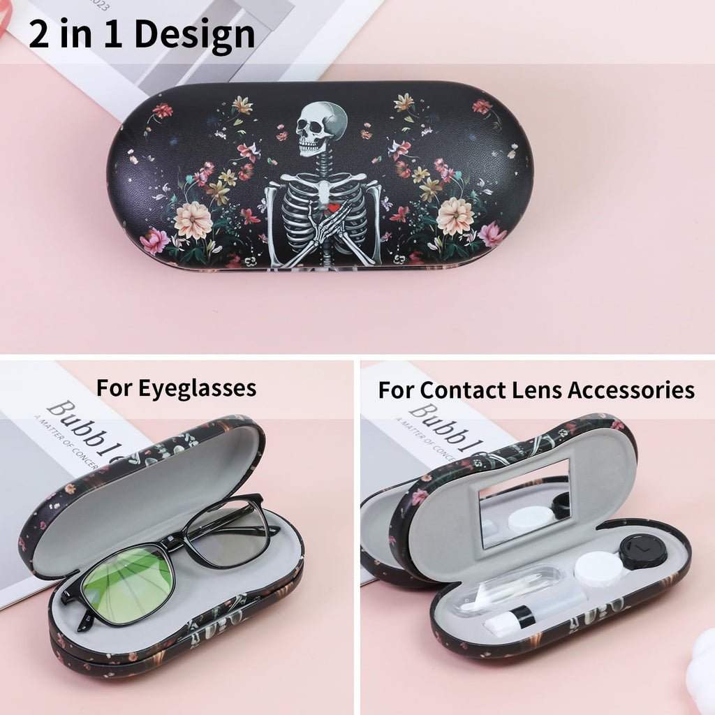 FlyingMage 2 in 1 Contact Lens Case and Eyeglasses Case for Women Men Kids, Double Sided Hard Shell Portable Glasses Travel Holder with Built-in Mirror, Contact Lens Box Storage Kit (Black Skull)