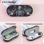 FlyingMage 2 in 1 Contact Lens Case and Eyeglasses Case for Women Men Kids, Double Sided Hard Shell Portable Glasses Travel Holder with Built-in Mirror, Contact Lens Box Storage Kit (Black Skull)