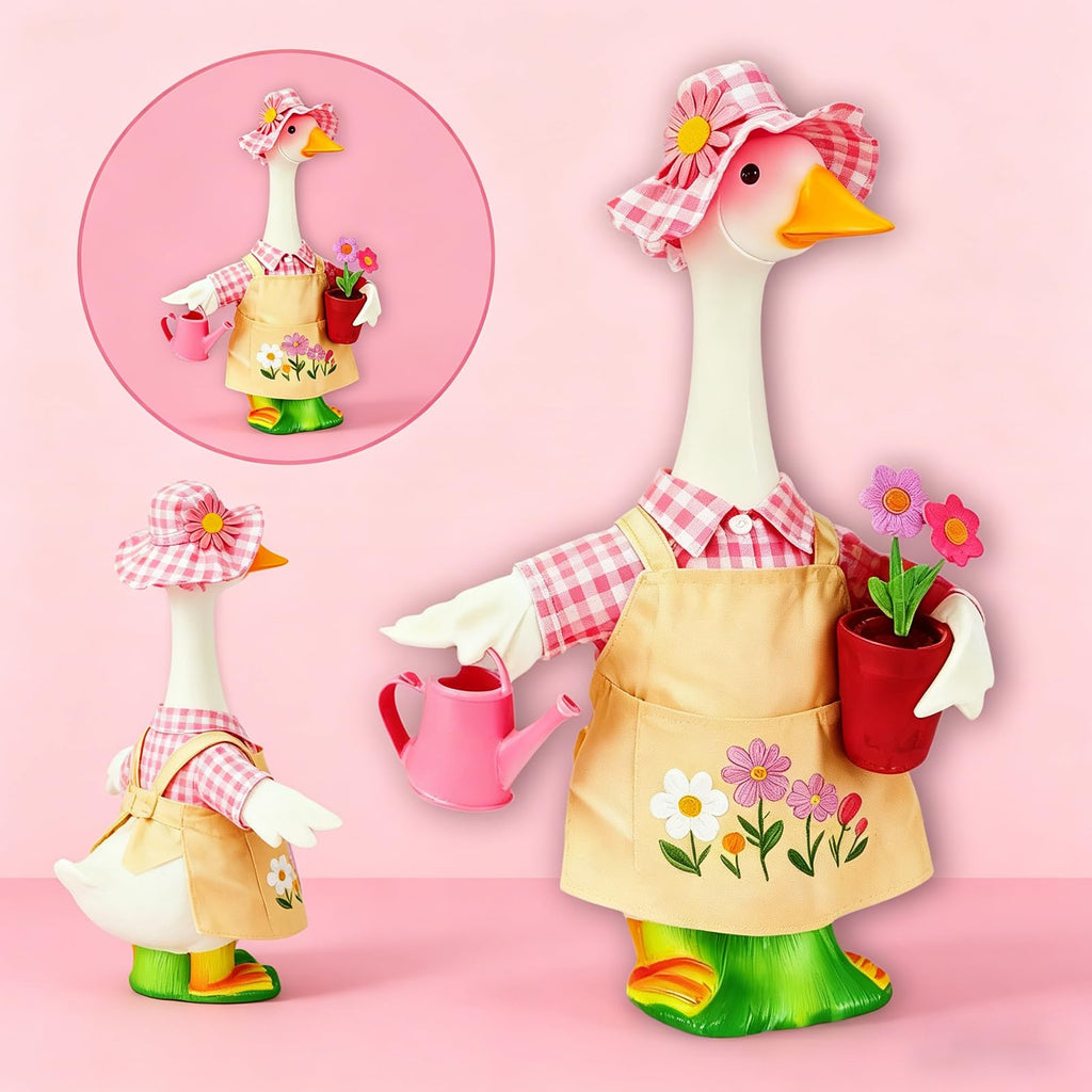 Jwqqwdza Gardener Porch Goose Outfit, 23 Inch Goose Clothes with Hat, Watering Can & Flower Pot, Lawn Geese Statue Costume for Spring Summer Garden Yard Decor (Pink Yellow, One Size)