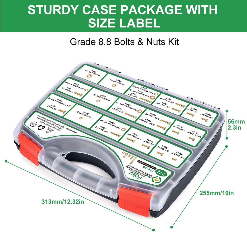 FOLIV 772PCS Grade 8 Bolt Assortment Kit, Heavy Duty Bolts and Nuts Kit, 1/4-20 5/16-18 3/8-16 1/2-13 SAE Sizes Included (Upgraded Package)