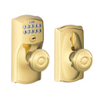 Schlage Camelot Keypad Lock with Knob, Electronic Keyless Door Entry, Flex Lock Auto‑Lock Option, Bright Brass, FE595 CAM 505 GEO