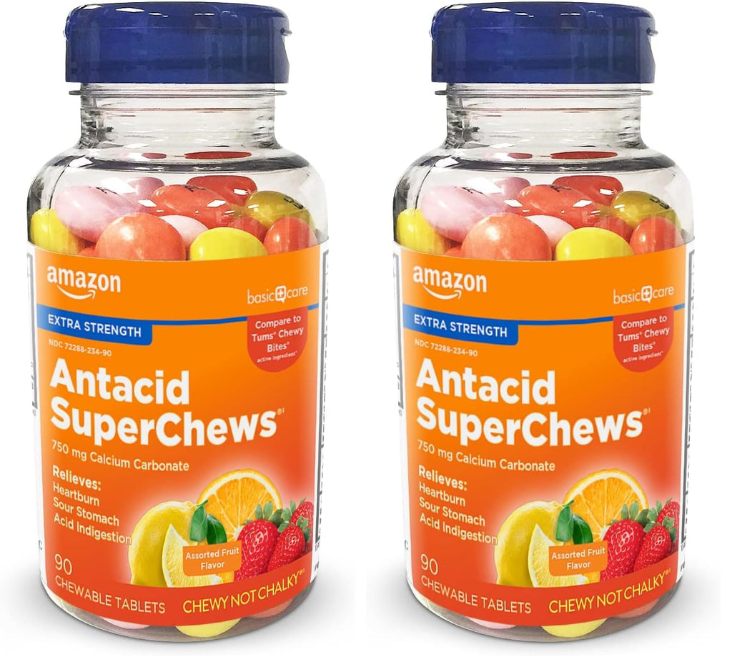 Amazon Basic Care Chewy Bites Chewable Antacid Tablets for Ultra Strength Heartburn Relief, Assorted Fruit, 90 Count (Pack of 2)