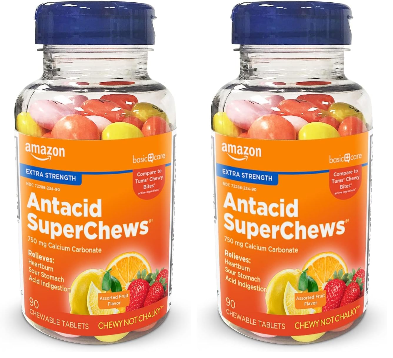 Amazon Basic Care Chewy Bites Chewable Antacid Tablets for Ultra Strength Heartburn Relief, Assorted Fruit, 90 Count (Pack of 2)