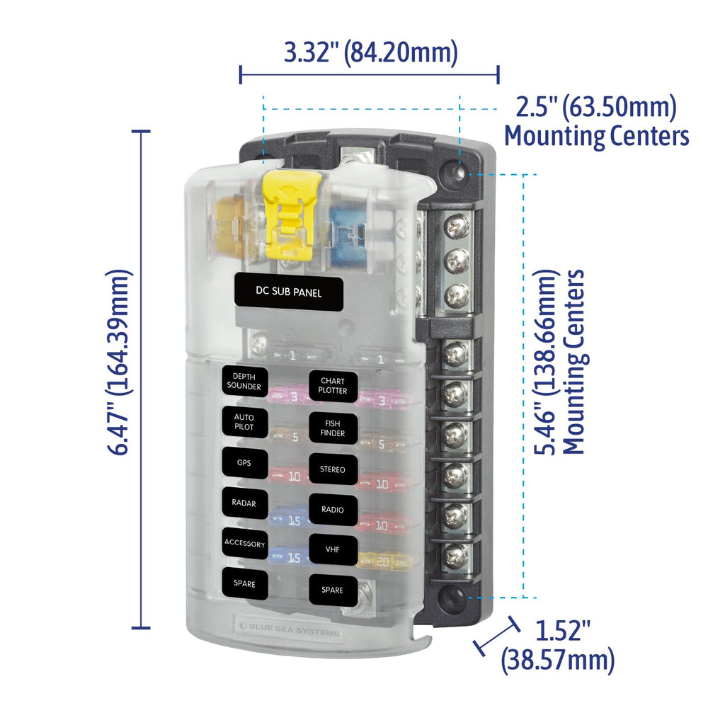 Blue Sea Systems ST Blade Fuse Block 12 Circuit with Ground and Cover, 100 Amps, 5026