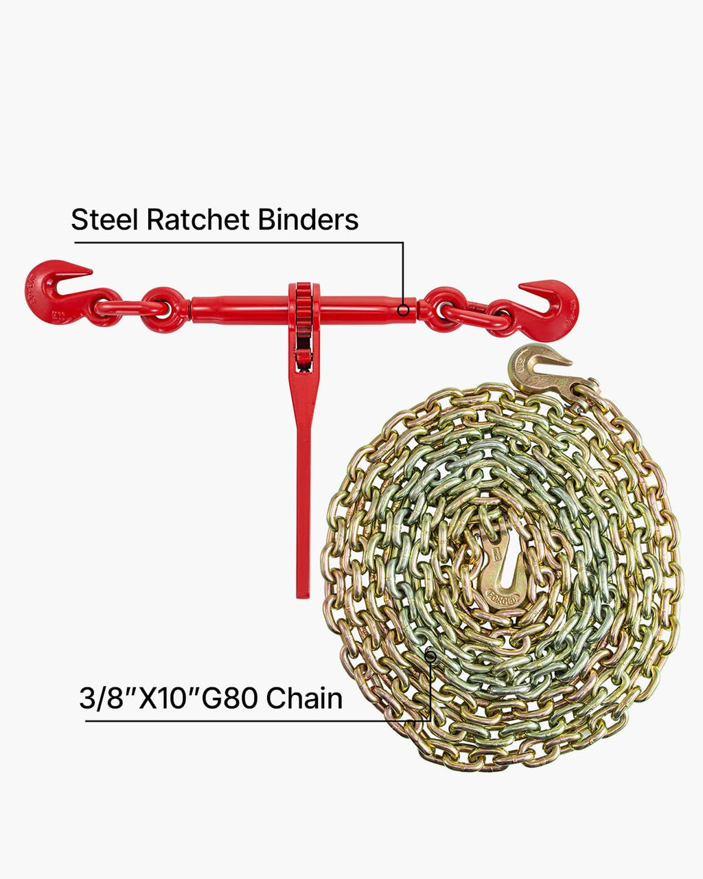 VEVOR Chain and Binder Kit 3/8 in-1/2 in, Ratchet Load Binders 8267 lbs Working Strength, Ratchet Binders and Chains, 3/8 in x 10 ft G80 Chains with G70 Hooks, for Truck, Tie Down, Hauling, Towing