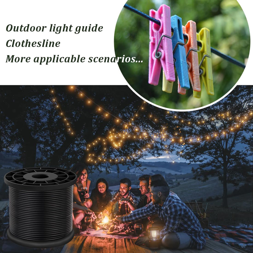 Vinyl Coated Wire Rope 304 Stainless Steel Coated Wire Cable-Black, 1/16" OD to 3/32" x 500FT, with 200 Pcs Crimping Sleeves-Cable for String Lights, Suitable for Clotheslines