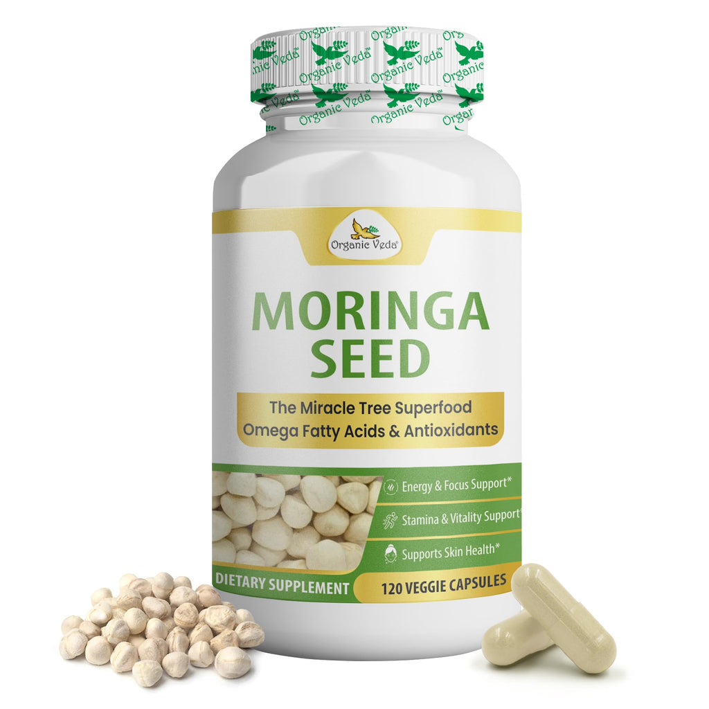 Organic Veda Moringa Seeds Capsules - Omega 3, 6, 9, Powerful Antioxidants, Vitamins, Amino Protein Rich Organic Moringa Seeds for Eating - Moringa Seed Powder Energy & Vitality, 120 Vegan Capsule