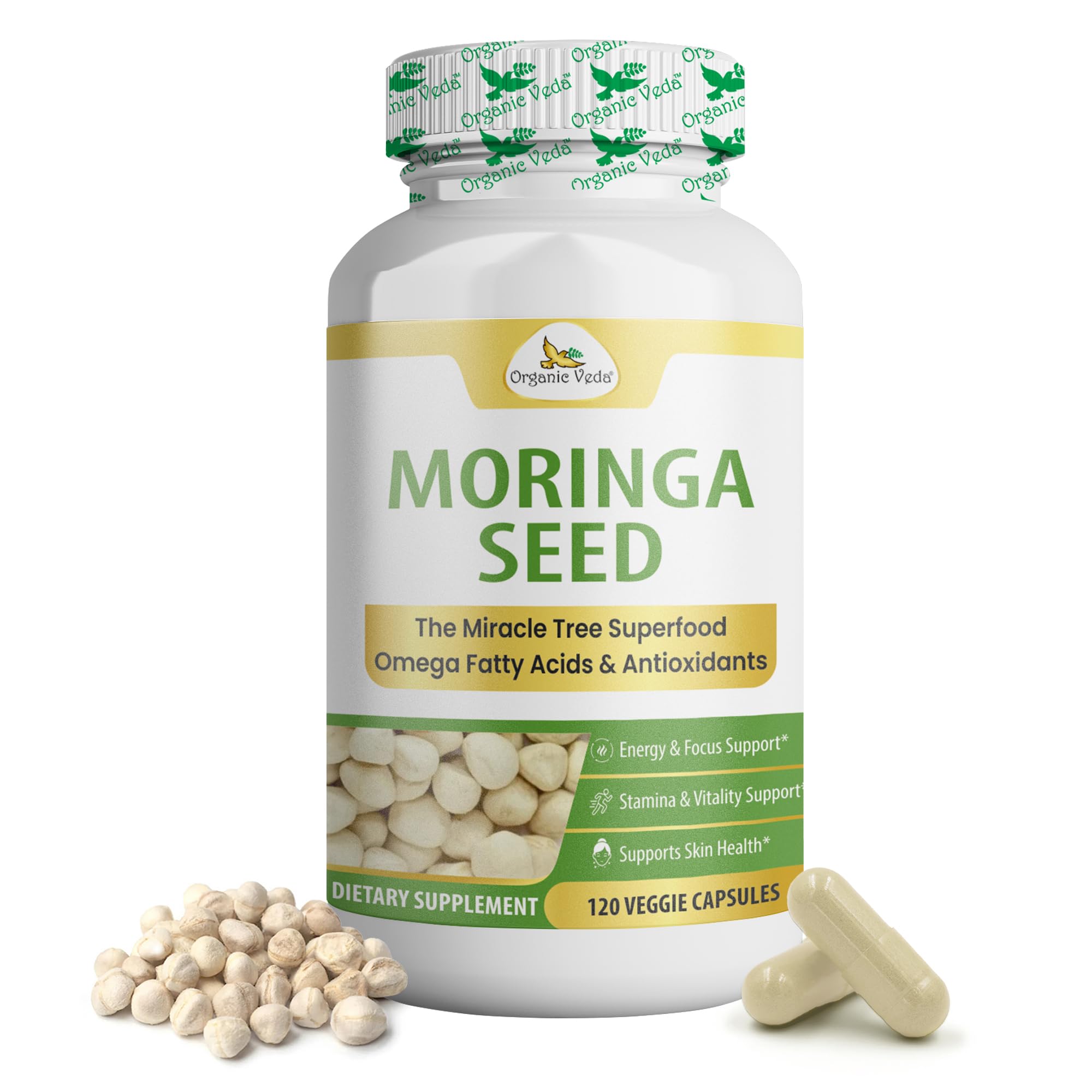 Organic Veda Moringa Seeds Capsules - Omega 3, 6, 9, Powerful Antioxidants, Vitamins, Amino Protein Rich Organic Moringa Seeds for Eating - Moringa Seed Powder Energy & Vitality, 120 Vegan Capsule