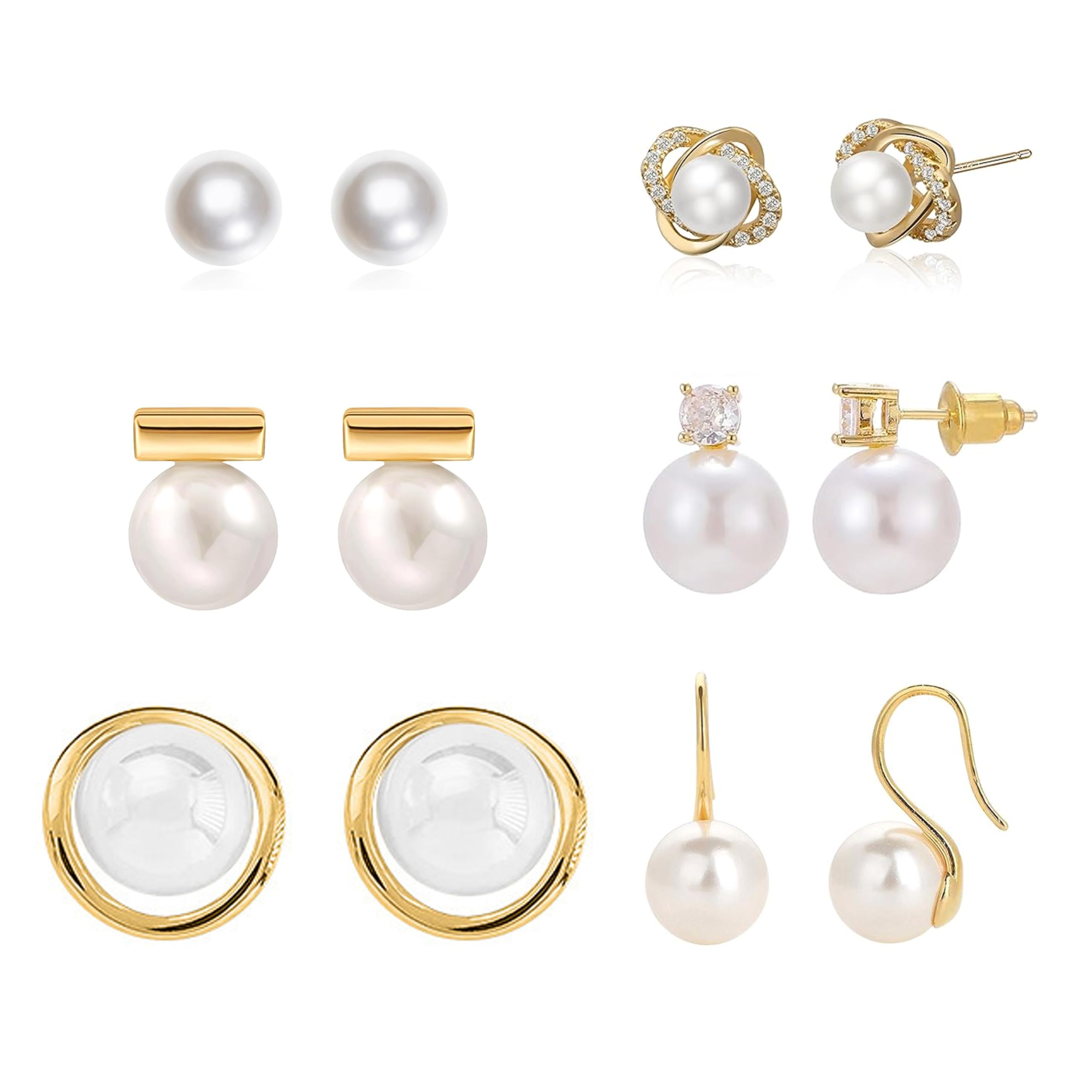 Kaibig 6 Pairs Pearl Stud Earrings for Women Gold Bar Knot Clover Cubic Zircon Stud Mixed Styles Pearl Earrings Set Perfect for Wedding Prom Party Daily Wear Elegant Jewelry for Women