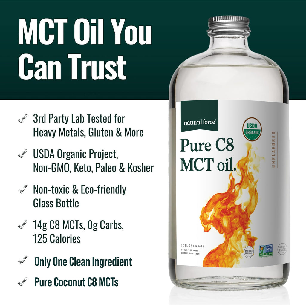 Natural Force Organic Pure C8 MCT Oil – Liquid MCT Oil in Glass Bottle Container – Concentrated Caprylic Acid – Keto, Paleo, Kosher, Vegan & Non-GMO – Lab Tested for Quality and Purity, 32 Ounce