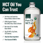 Natural Force Organic Pure C8 MCT Oil – Liquid MCT Oil in Glass Bottle Container – Concentrated Caprylic Acid – Keto, Paleo, Kosher, Vegan & Non-GMO – Lab Tested for Quality and Purity, 32 Ounce