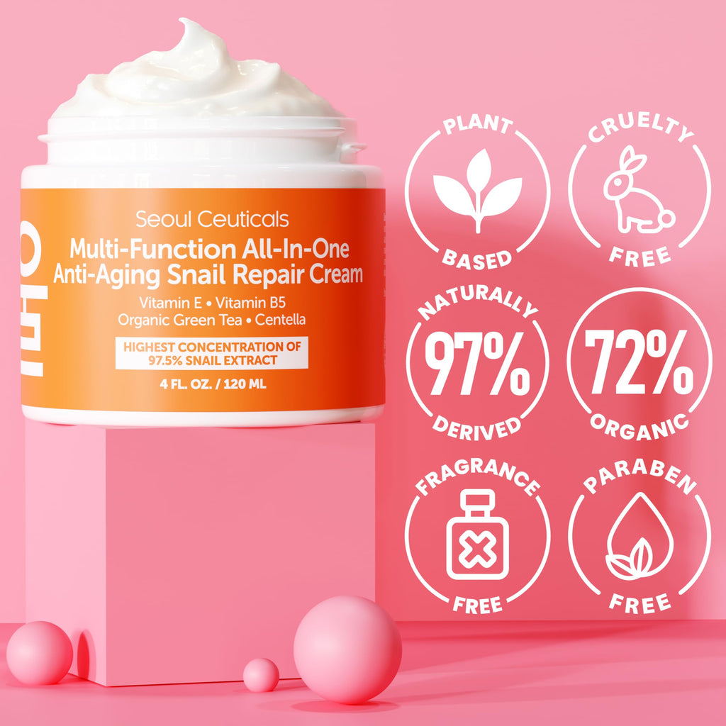 SeoulCeuticals Large 4oz 97.5% Snail Mucin Moisturizer Cream Korean Skin Care Day & Night Snail Repair for Face - K Beauty Anti Aging Facial Skincare
