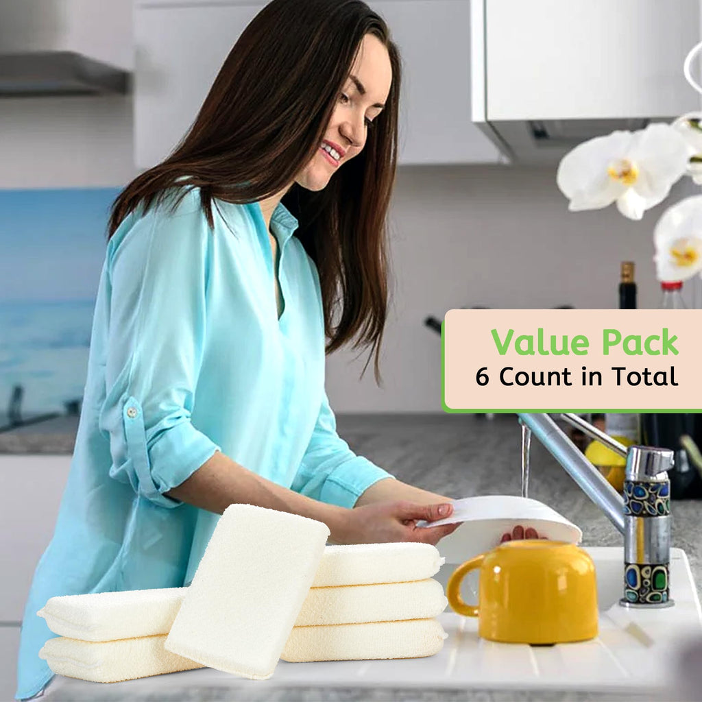 Practical Matter Kitchen Sponge, Organic Cotton Fiber All-Purpose Dish Sponges for Washing Dishes and Cleaning All Surfaces, Durable Non Scratch Scrub, 6 Count Value Pack