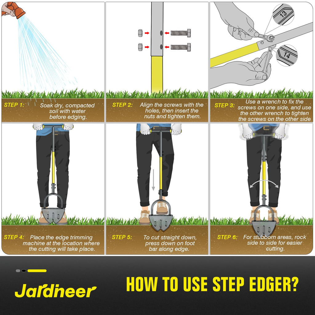 Jardineer Edger Lawn Tool Manual, Manual Half Moon Edger with Double V-Shaped Serrated Edge Blade and Wider Handle, Edging Tool for Landscaping, Sidewalks, Lawn Border, Flower Bed and Yard