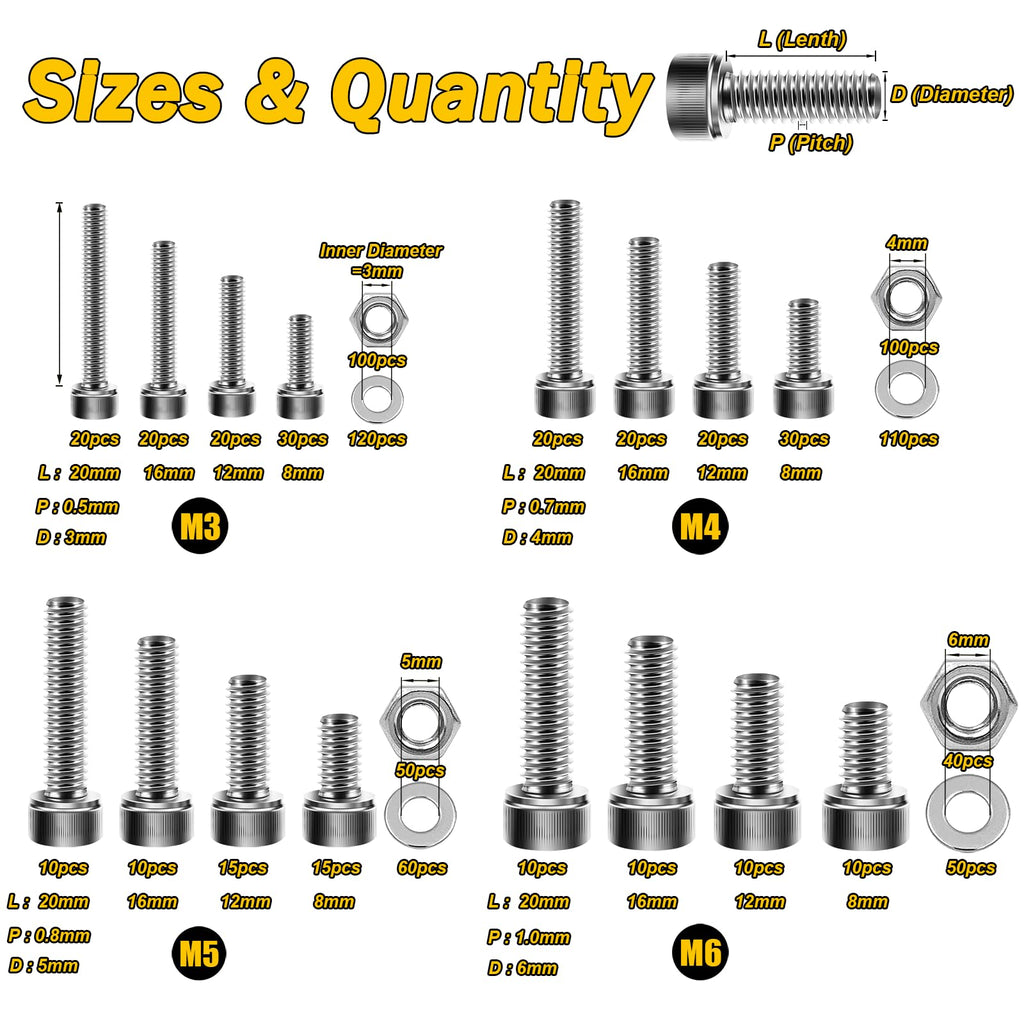 Mywish 900Pcs M3 M4 M5 M6 Metric Screw Assortment, 304 Stainless Steel Nuts and Bolts, Hex Socket Head Cap Metric Bolts/Nuts/Flat Washers Kit Anti Rust 16 Sizes 8mm to 20mm, Hex Wrenches