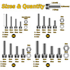 Mywish 900Pcs M3 M4 M5 M6 Metric Screw Assortment, 304 Stainless Steel Nuts and Bolts, Hex Socket Head Cap Metric Bolts/Nuts/Flat Washers Kit Anti Rust 16 Sizes 8mm to 20mm, Hex Wrenches