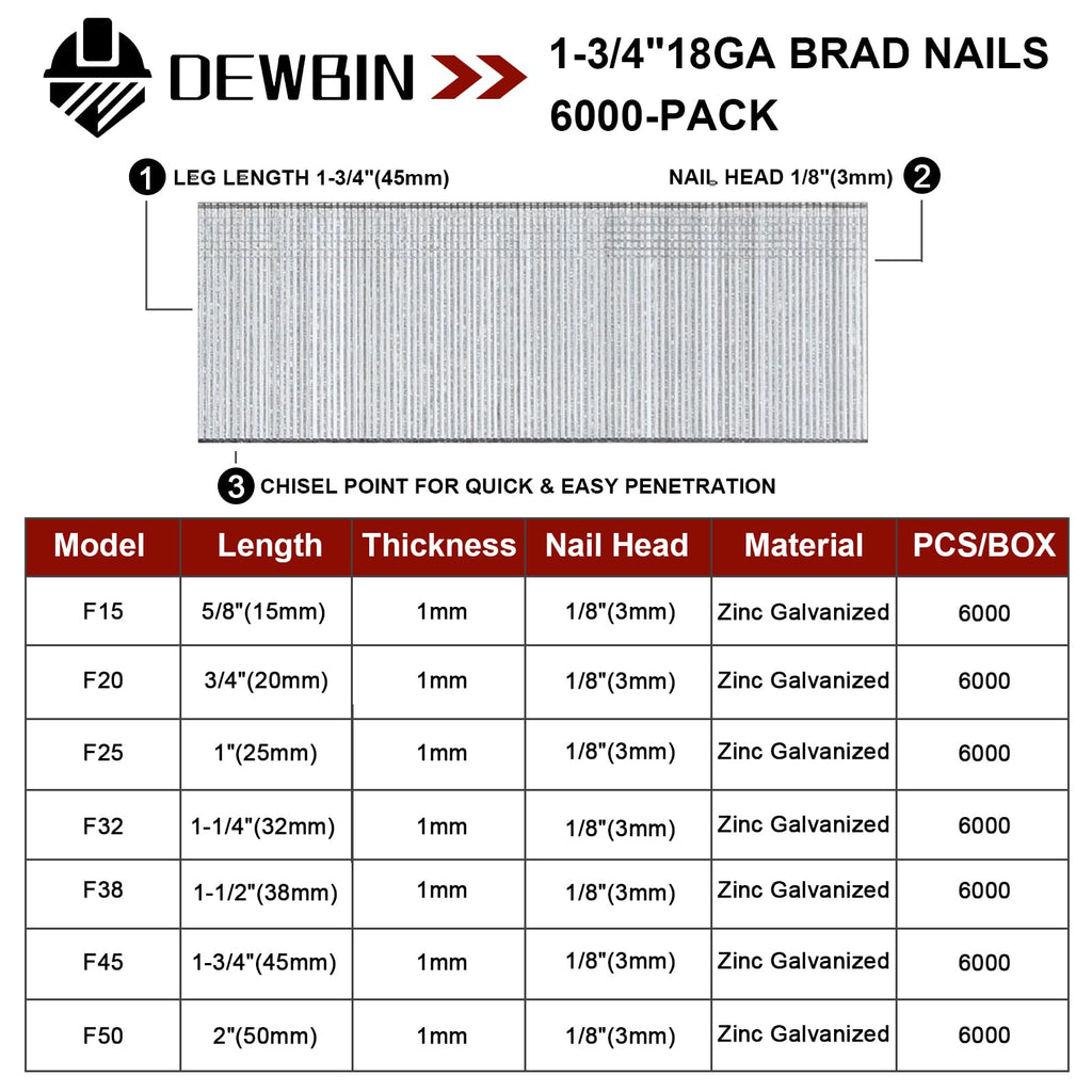 DEWBIN 18 Gauge Brad Nails, 6000 Counts 1-3/4-inch 18 GA Brad Nails, Galvanized Nails for Nail Gun, Finishing Nail Gun Nails for Pneumatic, Electric Brad Nailer Gun
