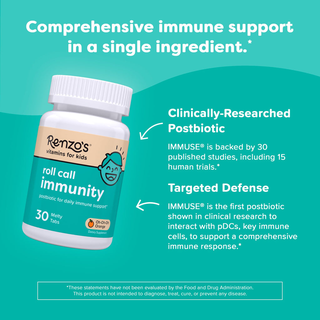 Renzo's Roll Call Immunity - Dissolvable Kids Immune Support Supplement with IMMUSE Postbiotic, Sugar-Free Kids Vitamins, 30 Orange-Flavored Melty Tabs