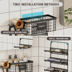 Magheo Hair Dryer Holder Wall Mounted, Adheisve Hair Styling Tool Organizer for hair Brush/Appliance Wall Mount with 5 Tier Shelf Basket Hooks Blow Dryer and Straightener Holder for Bathroom(Black)
