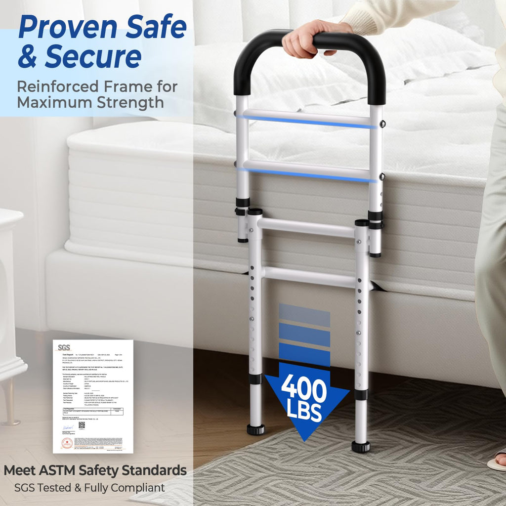 KingPavonini Bed Rails for Elderly Adults Safety 2026 Upgrade, ASTM-Approved Bed Rails for Seniors with Anti-Wobble Adjustable Feet, 400lb Bed Cane, Non-Slip Handle & Storage Bag, No-Tools, Model GS04