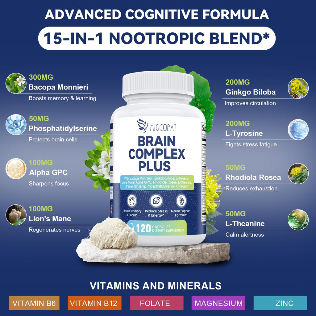 2-Pack Brain Supplements for Memory & Focus | Nootropic with Bacopa, Lion's Mane, Alpha GPC | Mental Clarity & Cognitive Support | Vitamin B6 & B12 – 240 Caps (120/Bottle)