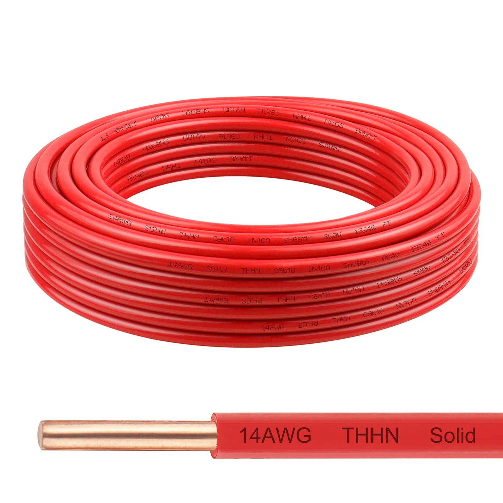 THHN Wire 14 Gauge 25 FT, 14 AWG Solid OFC Copper Electrical Building Wire with Nylon Jacket PVC Insulation, Rated 600V for Residential, Industrial, CNC, Ground (14 Gauge, Red)