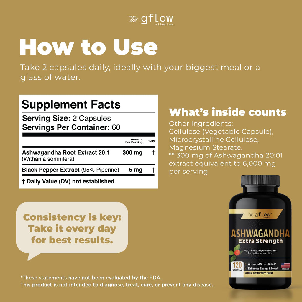 gflow vitamins Ashwagandha Supplements for Women and Men | Sleep, Mood and Energy Support | Extra Strength, Vegan Friendly, Non-GMO, Made in USA - Pack of 3