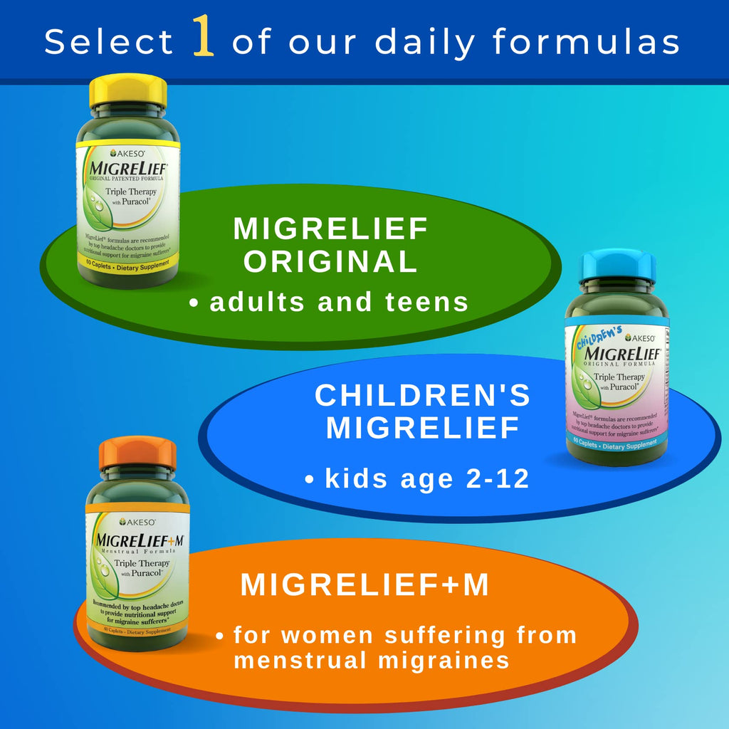 Children's MigreLief® - Triple Therapy with Puracol™ - Nutritional Support for Pediatric Migraine Sufferers - 60 Caplets/1 Month Supply