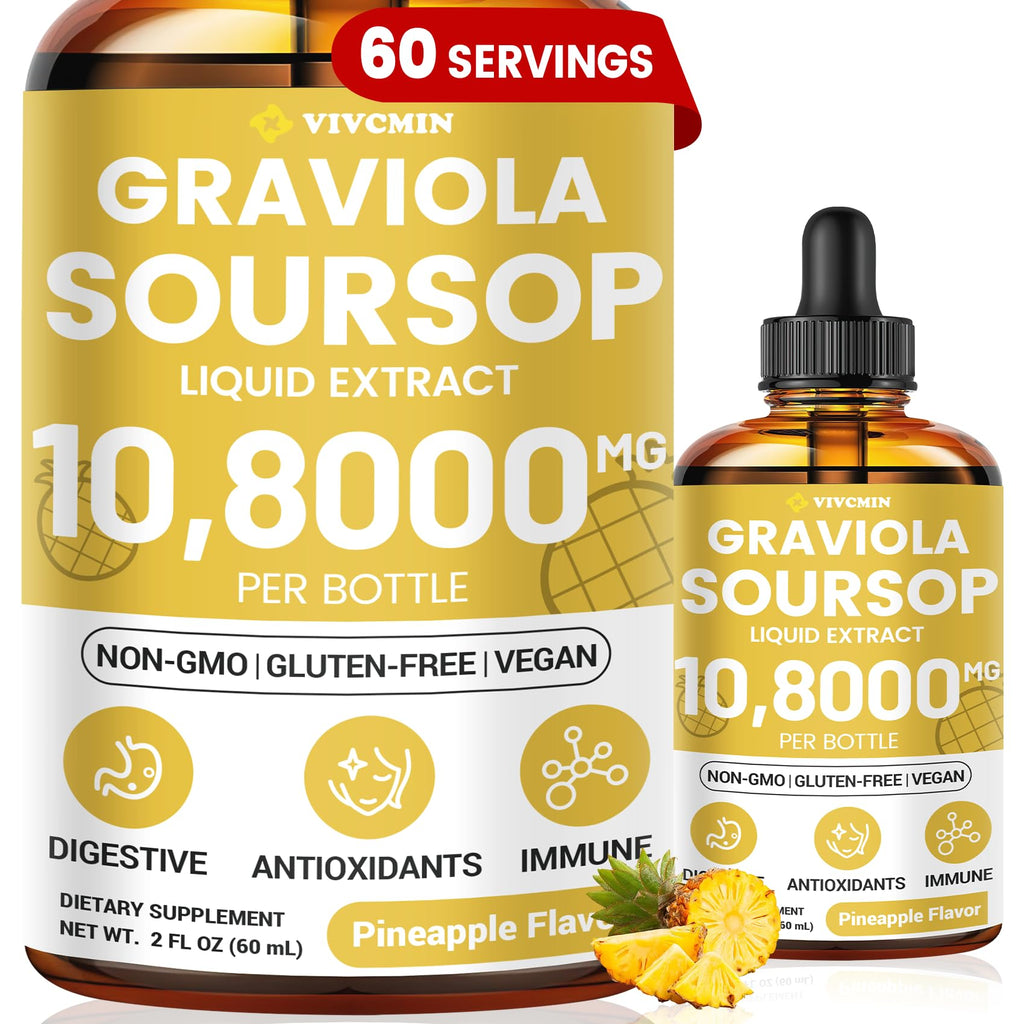 vivcmin Graviola Soursop Leaf Extract Liquid - Soursop Bitters Liquid, Support Immune, Relax, Liver and Sleep, Sugar & Alcohol-Free, Highly Absorbable Formula, Pineapple Flavor, 2 Fl Oz