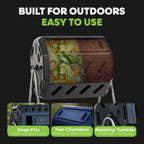 FCMP Outdoor Heavy Duty 37 Gallon 8 Sided Steel Portable Plastic Dual Chamber Tumbling Composter Outdoor Elevated Rotating Garden Compost Bin, Black
