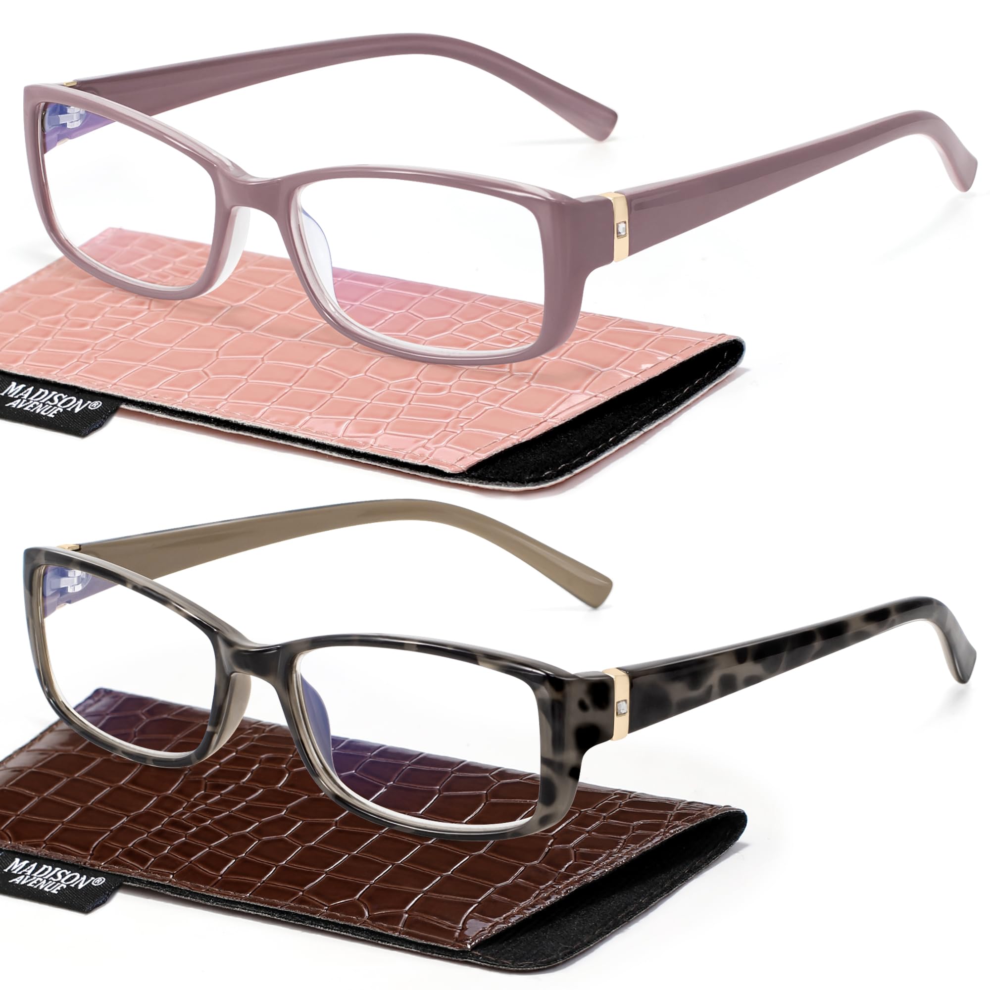 Madison Avenue 2 Pack Classic Blue Light Blocking Reading Glasses for Women, Vintage Anti Glare/Eyestrain Computer Readers Demi/Purple +1.25