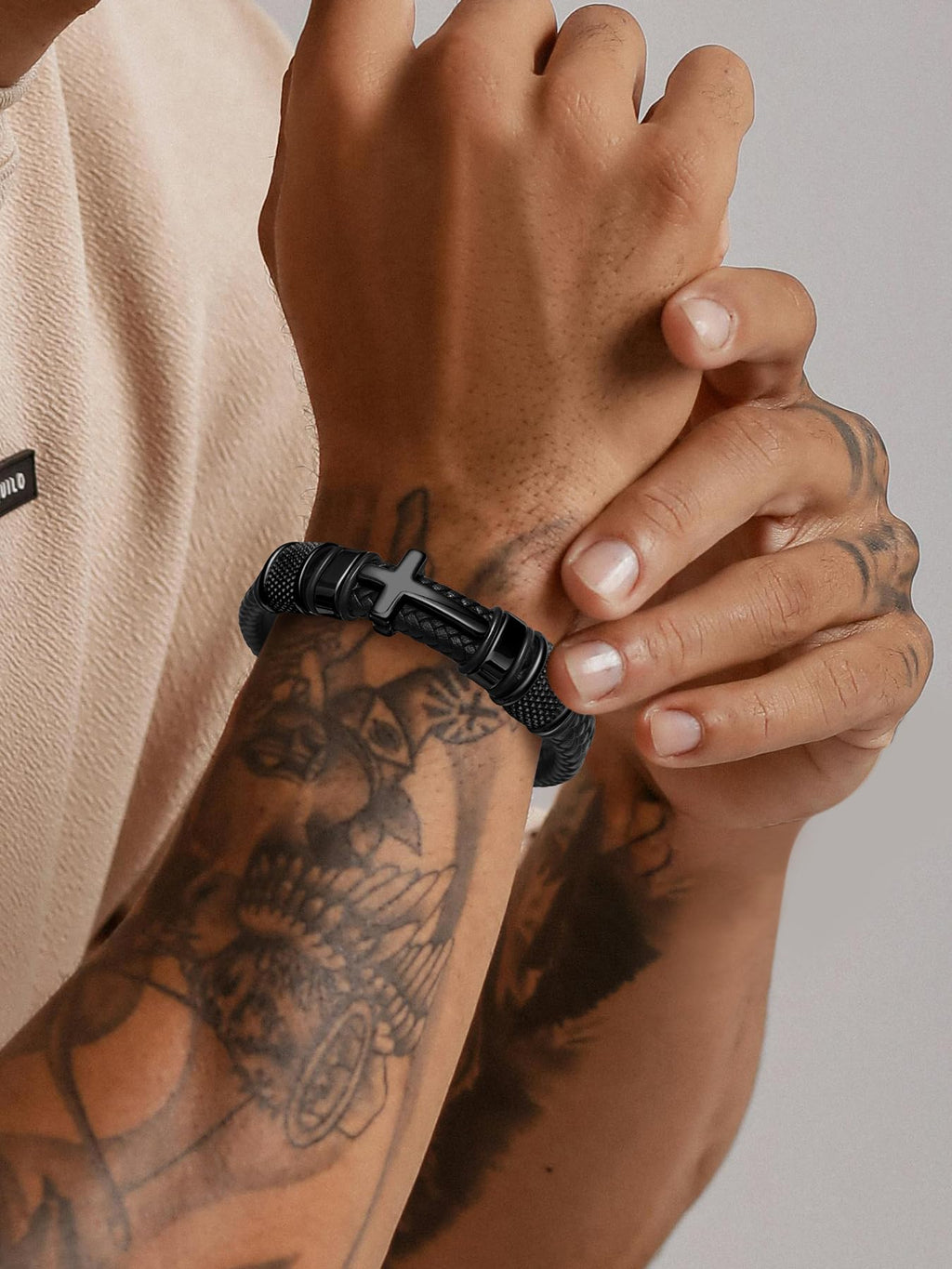 Oaldilee Black Cross Cuff Bracelet for Men, Stainless Steel Braided Leather Bible Verse Jesus Bracelet, Inspirational Faith Gift for Dad Brother Son Religious Baptism Confirmation Gifts, 9 Inches