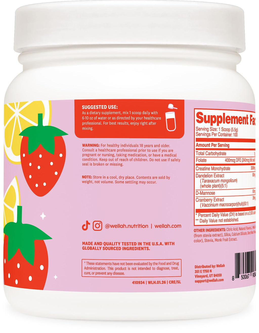 Wellah Creatine for Women - Creatine Monohydrate with Dandelion & Cranberry Extract (100 Servings, Strawberry Lemonade)