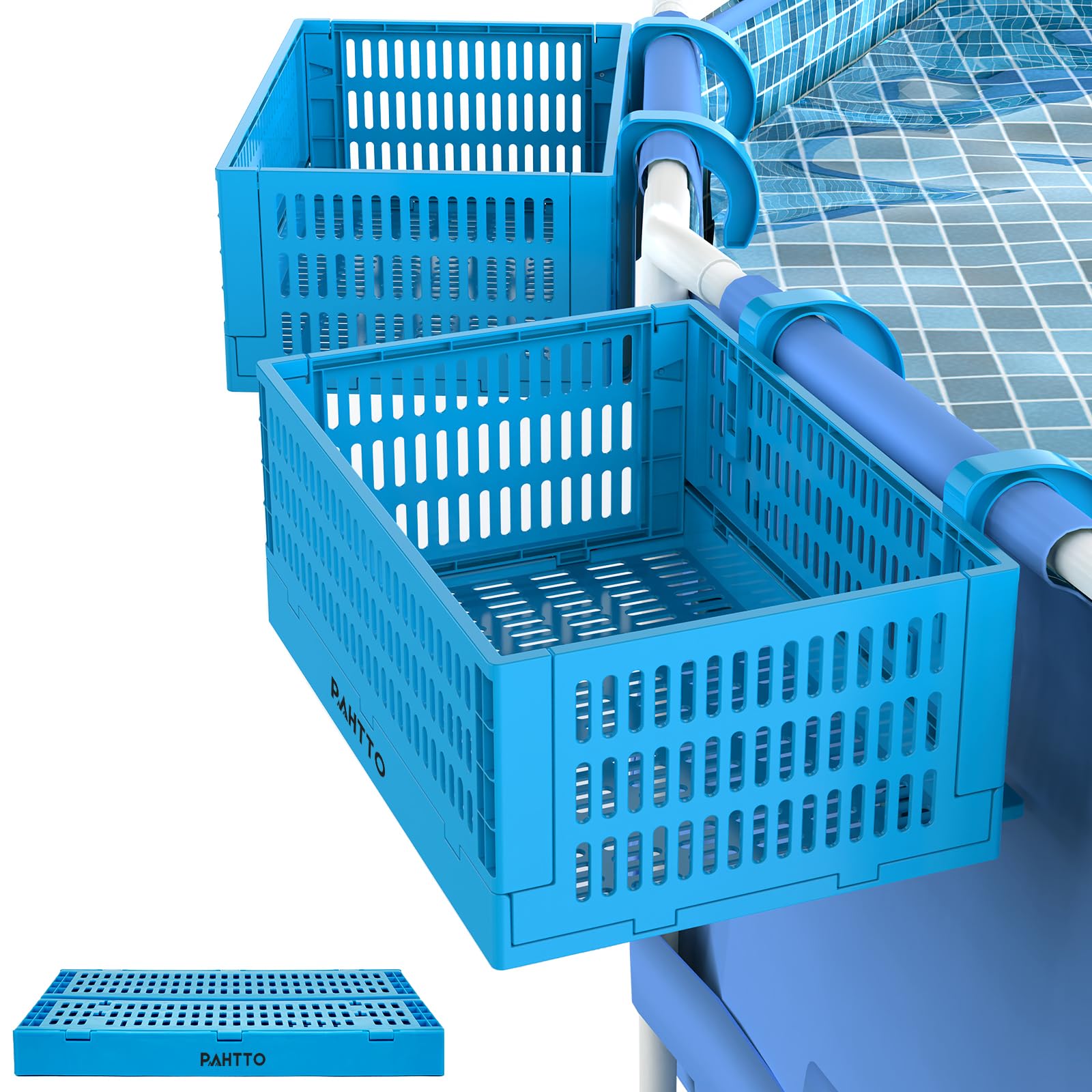 PAHTTO XL Poolside Storage Basket 2pcs, Foldable Above Ground Pool Storage Basket for Pool Toys, Towels, Beverages, Poolside Organizer, Pool Accessories for Above Ground Swimming Pool, Blue